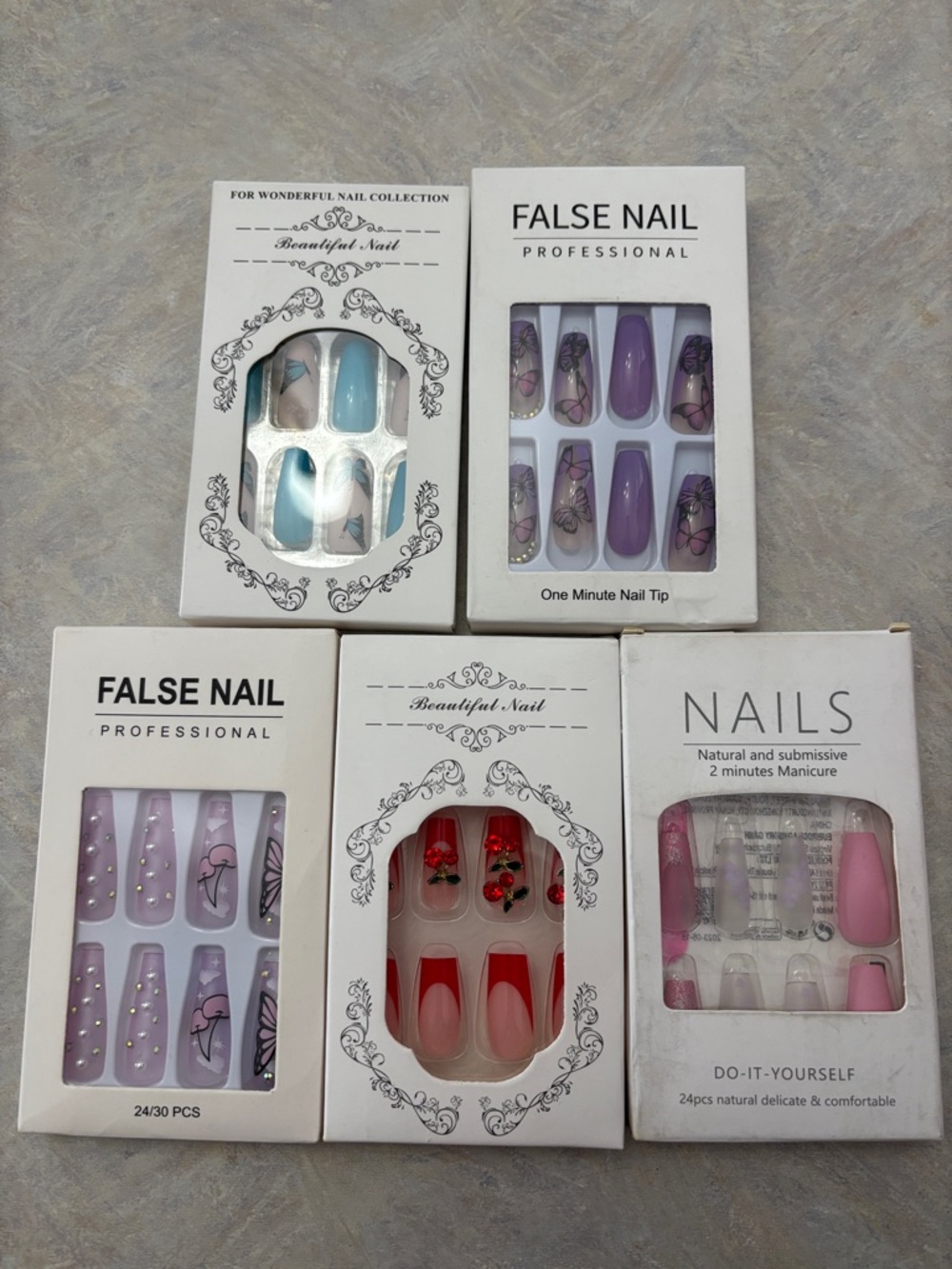 Assorted Press-On Nail Sets — Pastel Purple, Pink, Blue & Red